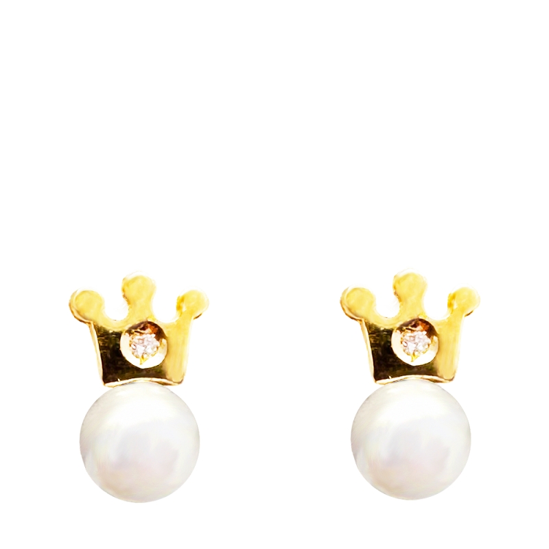 Pendientes Tiny corona oro 18 k perlas y brillantes. - REF. 12922 0